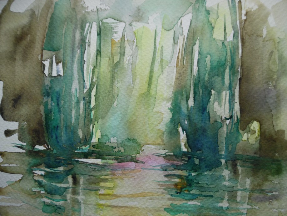 Zypressen-am-See-Aquarell-Nadia-Baumgart