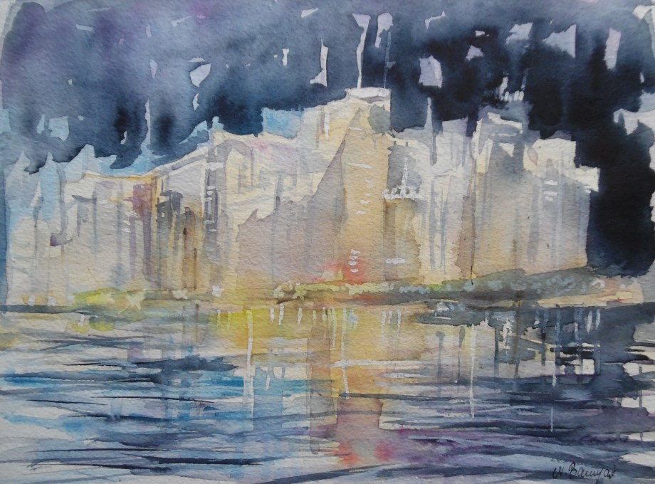 Skyline-by-night-Aquarell-Watercolour-Nadia-Baumgart