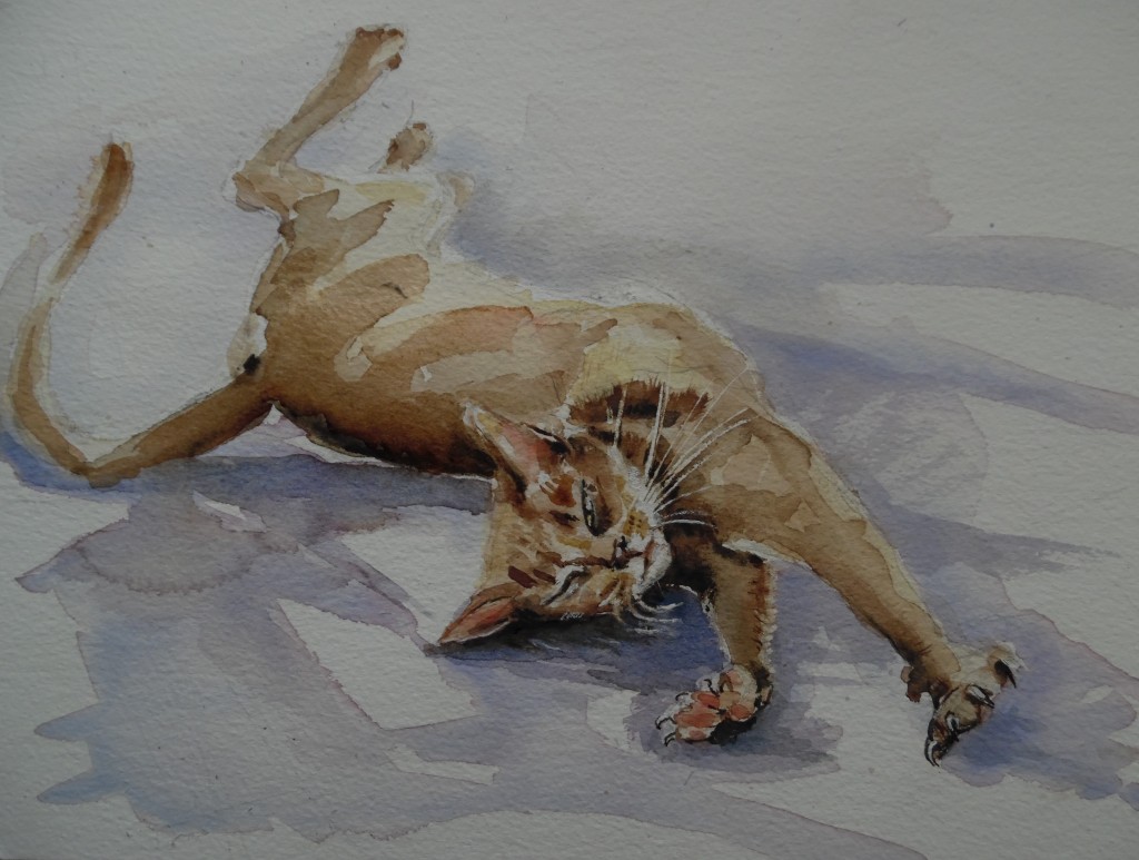 Sich-streckende-Katze-Cat-Aquarell-Watercolour-Nadia-Baumgart