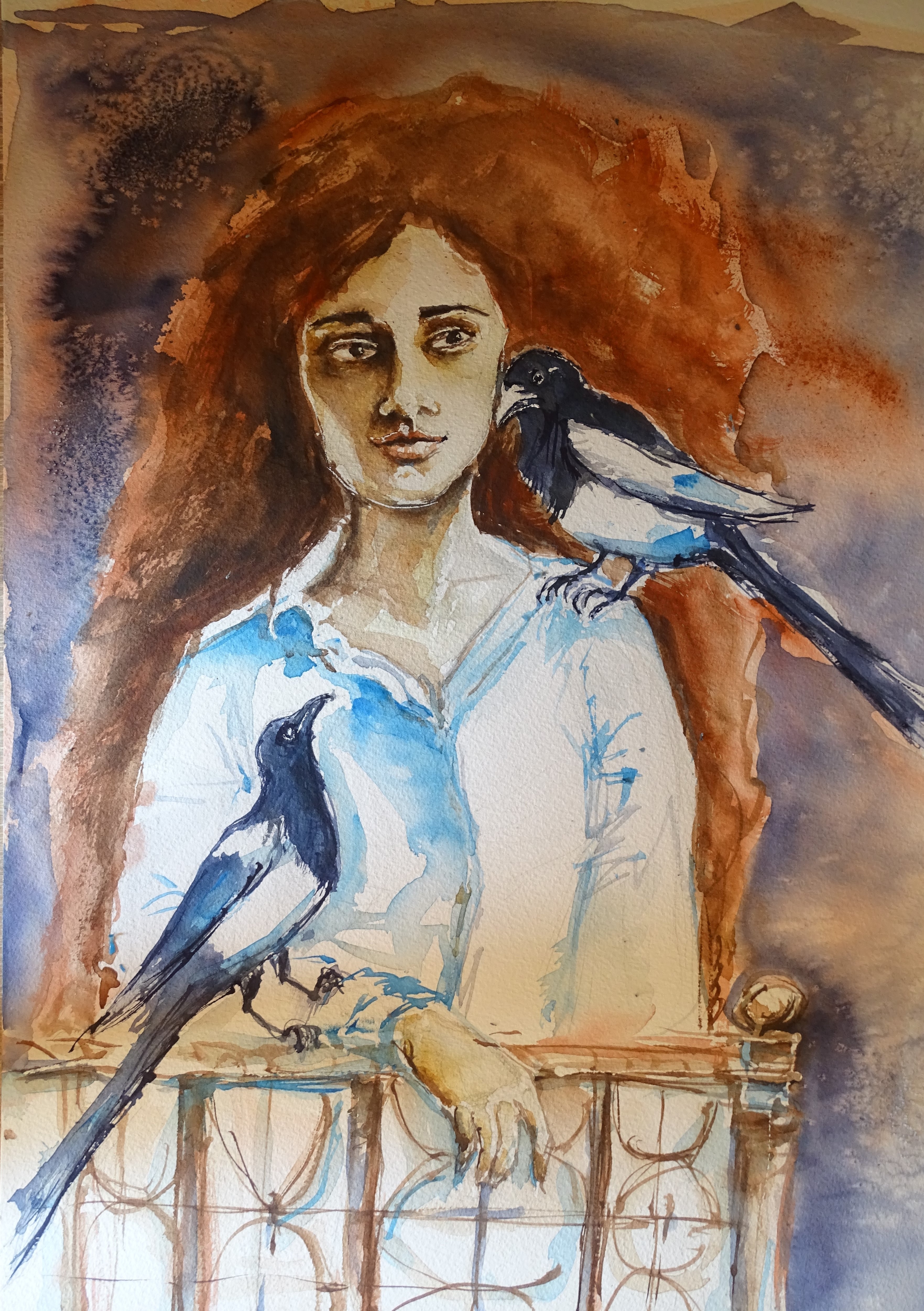 frau-mit-elstern-aquarell-nadia-baumgart