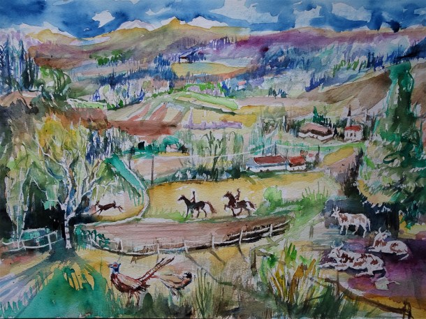 Bayerische-Landschaft-Rottal-Bad-Birnbach-Aquarelle-Nadia-Baumgart