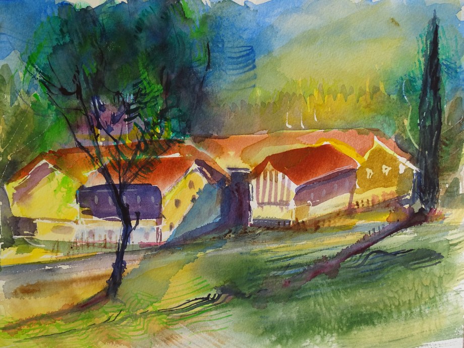 Bauernhof-Gewitterstimmung-Aquarelle-Nadia-Baumgart