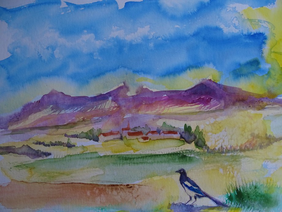 Landschaft-mit-Elster-Aquarelle-Nadia-Baumgart