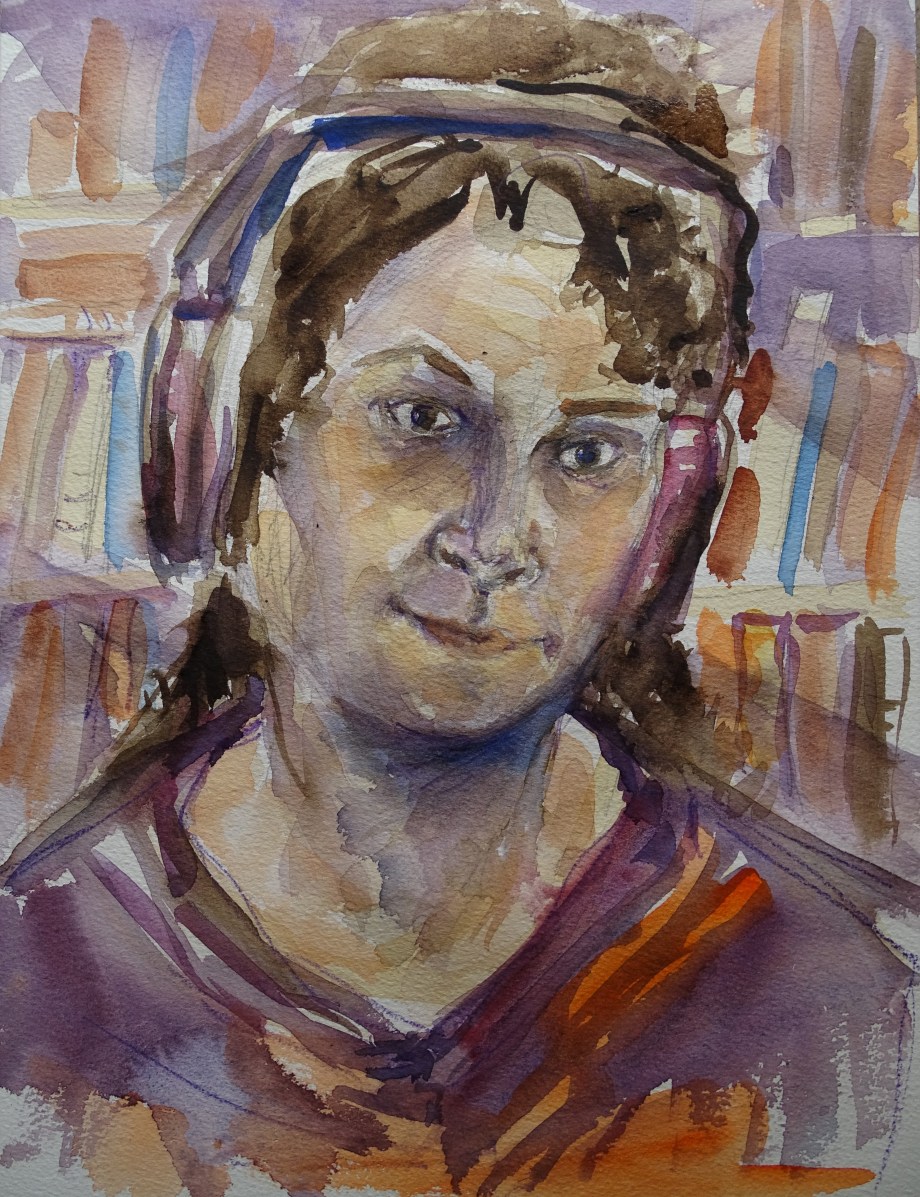 Selbstportrait-mit-Kopfhoerern-Malerei-Aquarell-Nadia-baumgart