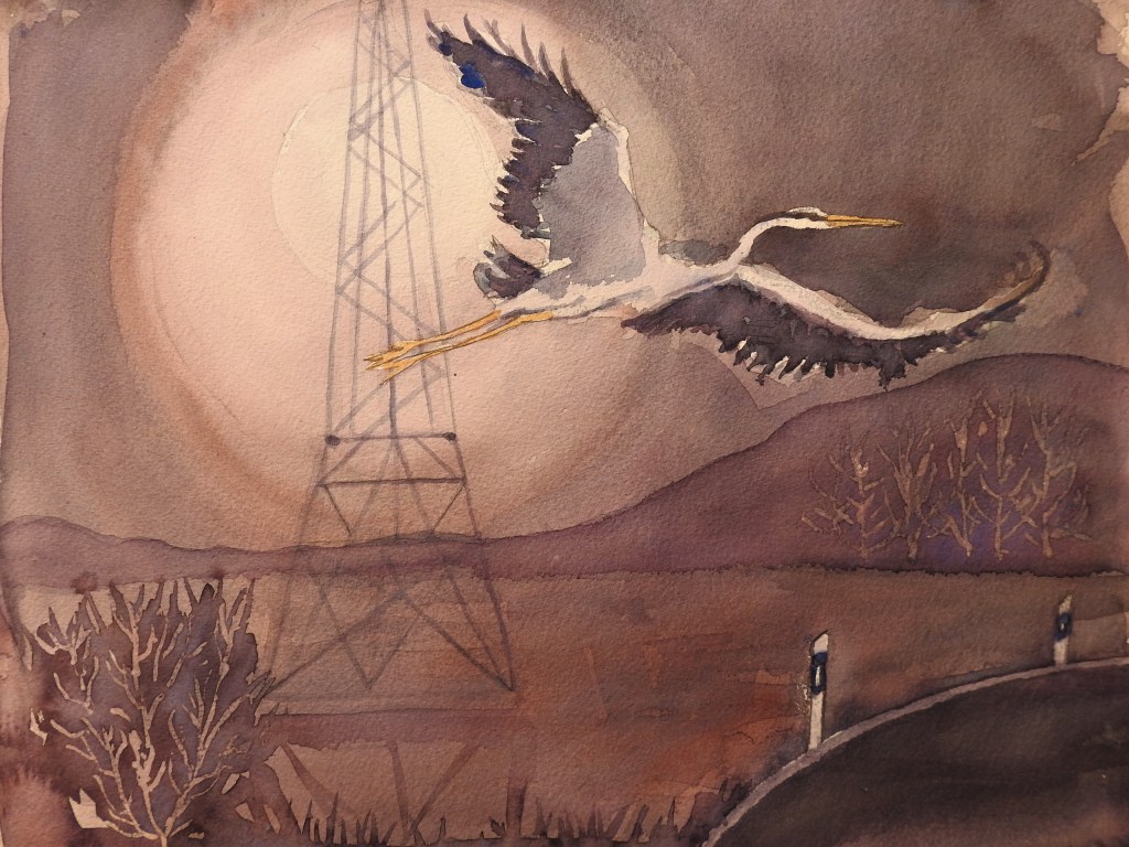 Graureiher vor dem Vollmond im Rottal - Aquarell von Nadia Baumgart