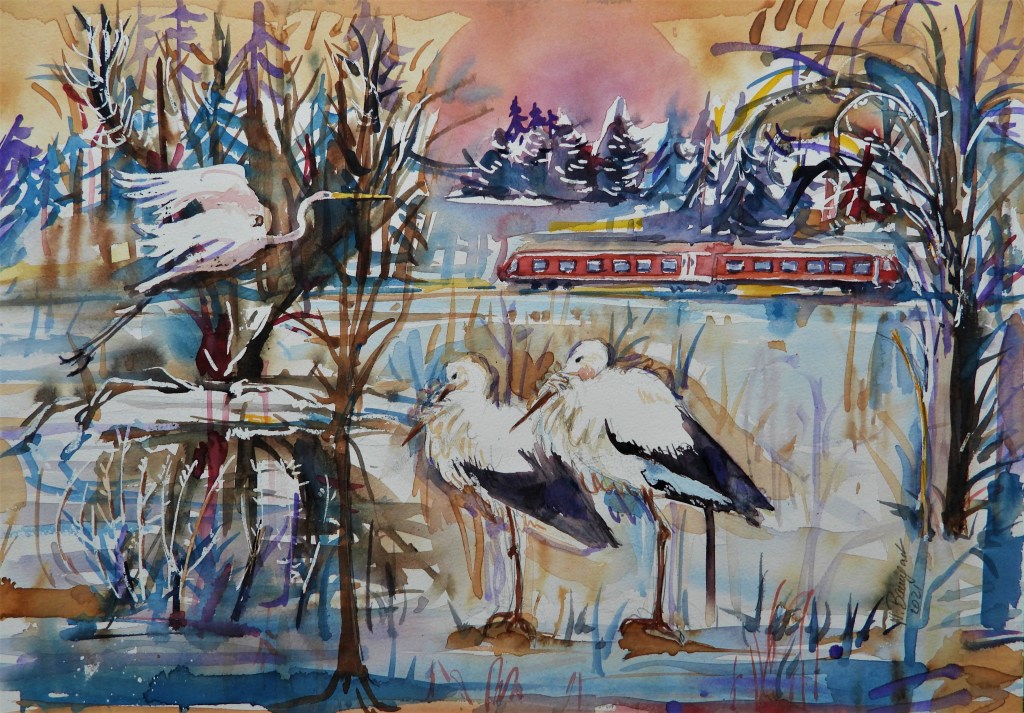 Störche von Bad Birnbach im Winter 2021 mit Südostbayernbahn