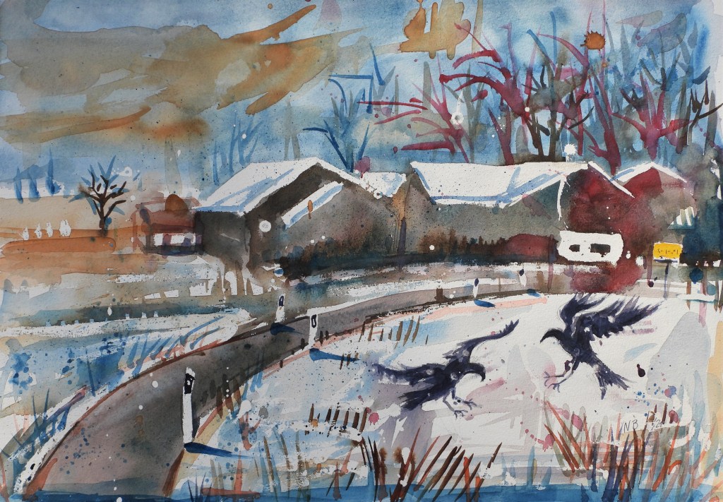 Aquarell - rottaler Landschaft im Schnee