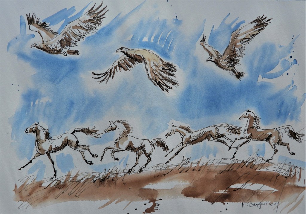 Tuschezeichnung mit Adlern und Pferden