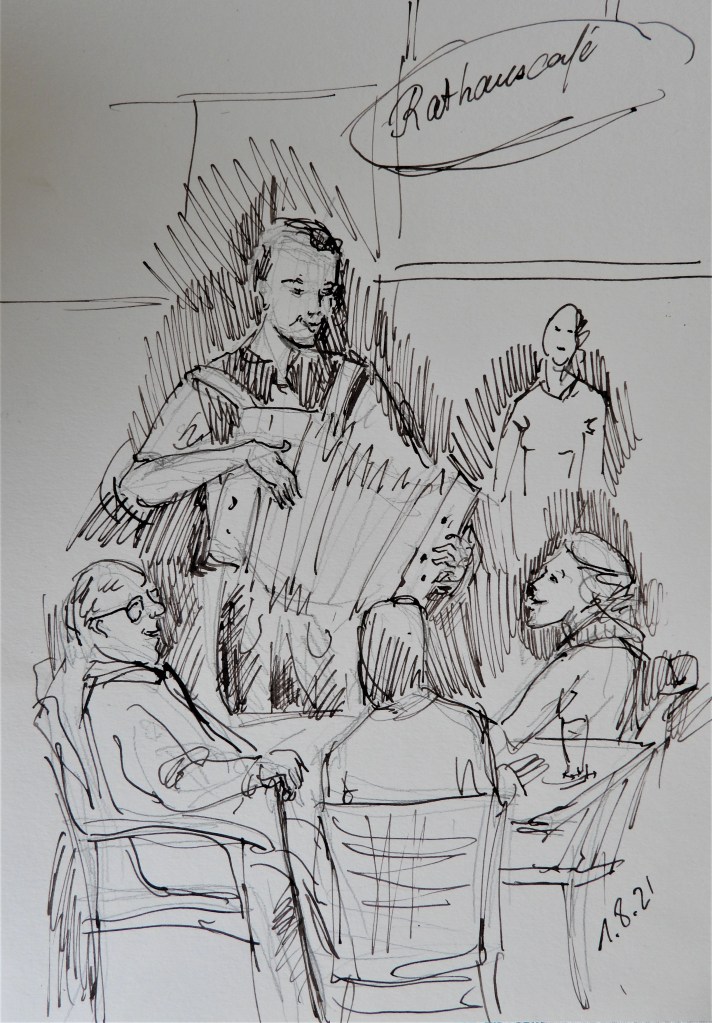 Niederbayerische Volksmusik mit Maxi Ortner im Rathauscafé in Bad Birnbach - Tuschezeichnung