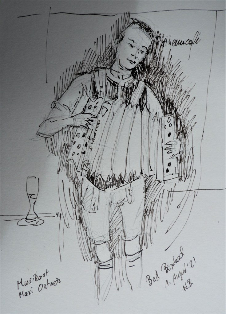 Drawing and music - Ink drawing from artist Nadia Baumgart: The musician 