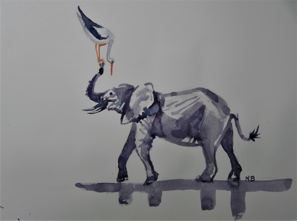 Illustration Elefant mit Storch