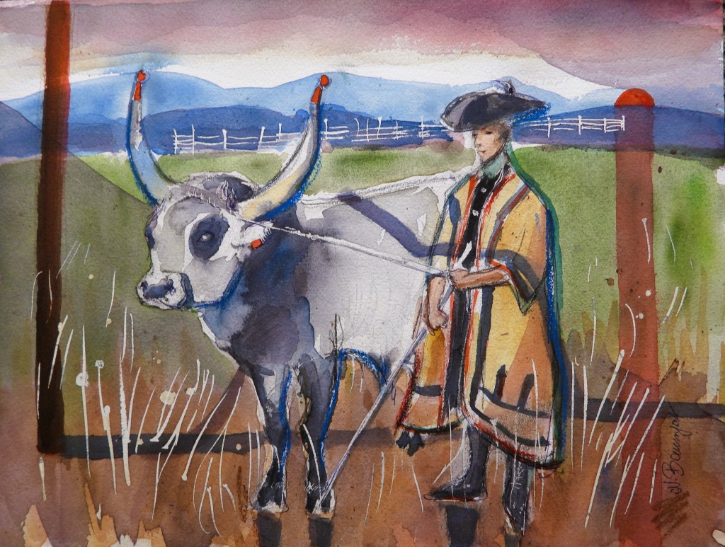 Ungarisches Steppenrind mit Hirten