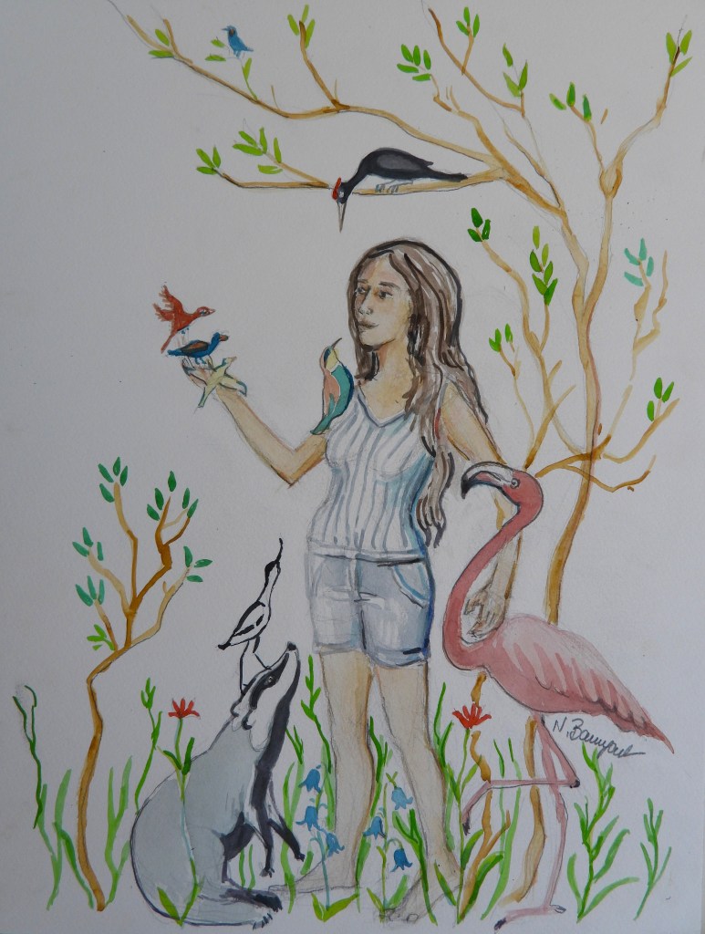 A woman stands in nature, holding birds in her hands, surrounded by various animals including a badger and a flamingo, amidst green plants and trees.