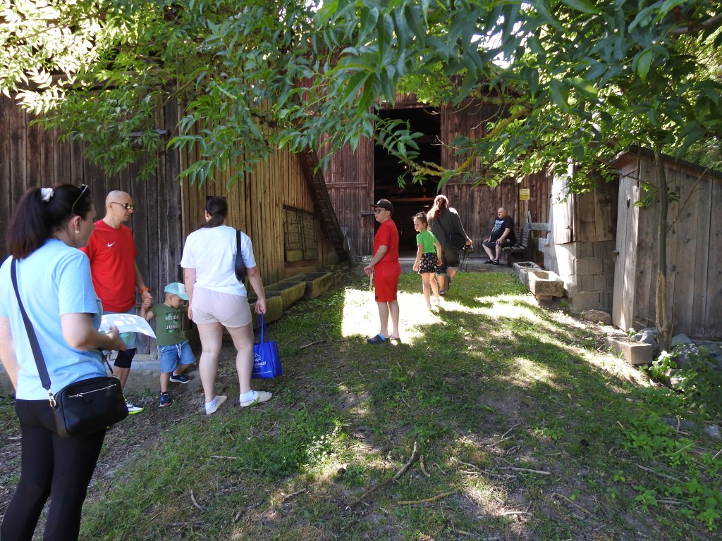 Gruppe von Menschen steht im Freien und erkundet ein Bauernhofmuseum, umgeben von alten Holzbauten und Pflanzen.