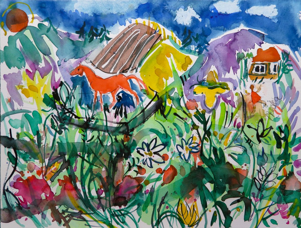 Aquarellmalerei mit einem orangefarbenen Pferd, bunten Blumen und einem kleinen Haus in einer lebhaften Landschaft.