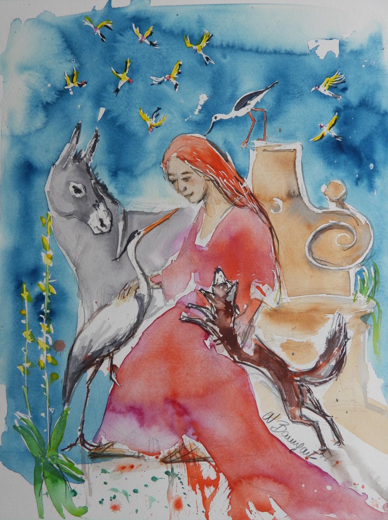 A watercolor painting featuring a woman with long red hair sitting near a donkey, accompanied by a bird and a cat, set against a blue sky filled with small colorful birds.