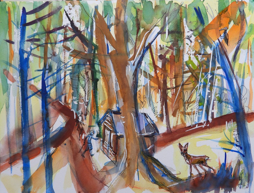 A watercolor illustration depicting a serene forest scene with vibrant trees, a dirt path, a small cabin, and a deer in the foreground near the path.