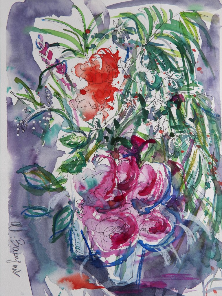 A vibrant watercolor painting of a floral arrangement, featuring blooming roses in shades of pink and red, surrounded by various green leaves and other colorful flowers.