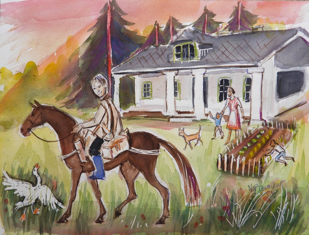 A watercolor painting depicting a smiling person riding a brown horse in a rural setting, with a house in the background. In the foreground, a woman is holding hands with a child, and two more children are playing near a vegetable garden. A goose is also visible in the grass.