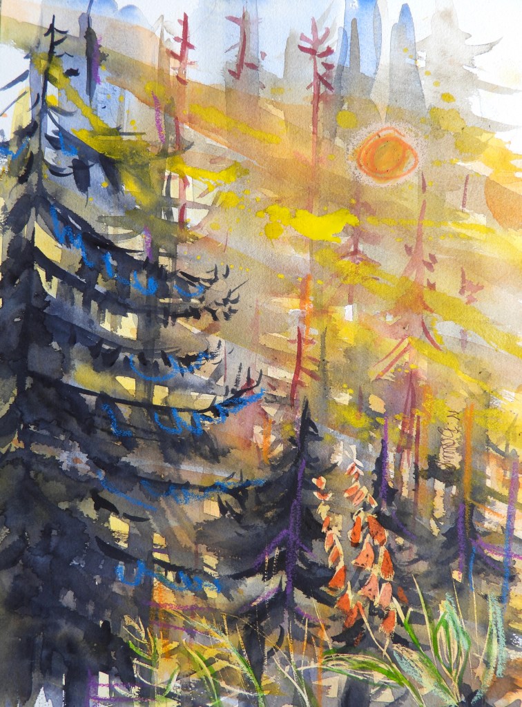 A watercolor painting of a forest scene depicting tall pine trees in dark shades mixed with lighter colors, capturing a tranquil and mystical atmosphere.