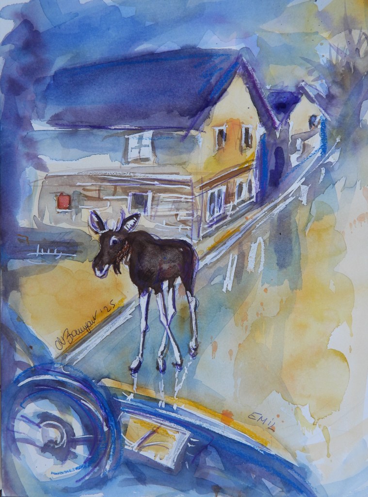 A watercolor painting of a moose walking through a village at night. The moose, with long white legs, is depicted in the foreground with colorful houses in the background, showcasing an elegant and serene atmosphere.