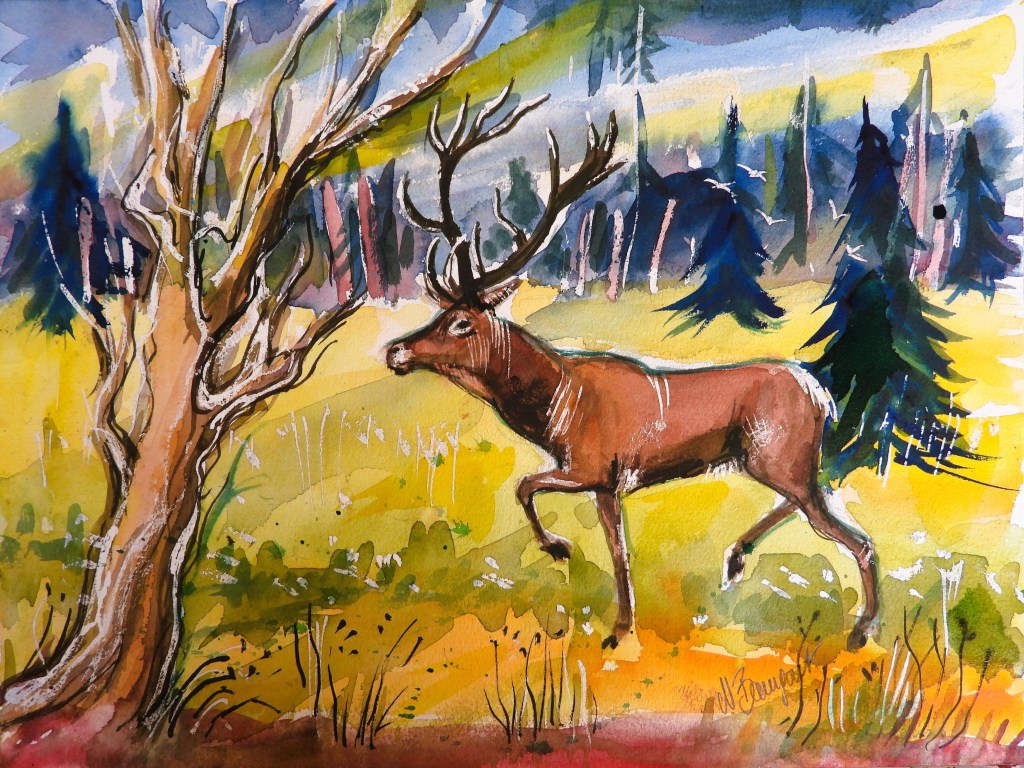 A watercolor painting of a brown deer walking through an open landscape with trees and colorful vegetation in the background.
