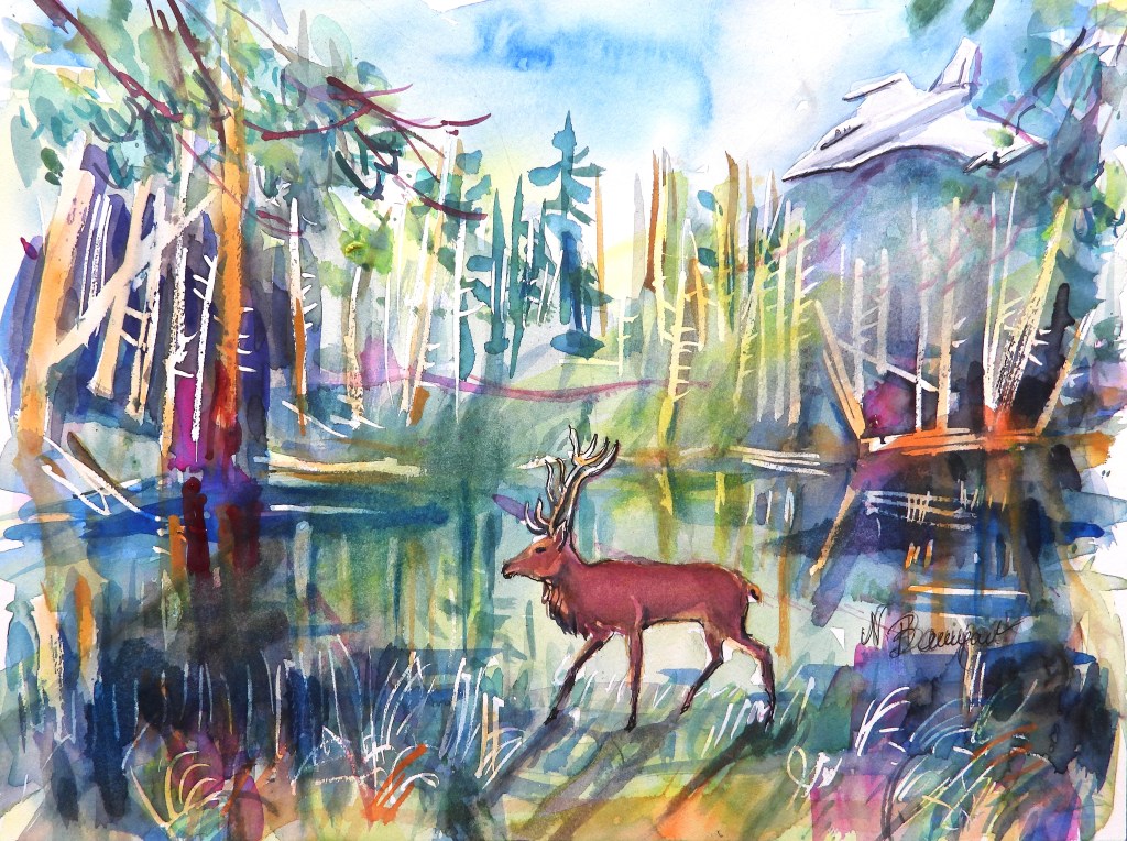 A watercolor painting of a deer walking by a serene forest lake, surrounded by colorful trees and reflections in the water.