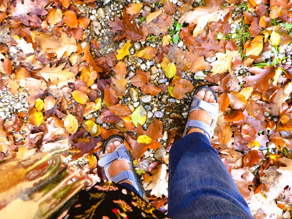 Eine Fußaufnahme auf bunten Herbstblättern mit Sandalen und Jeans.