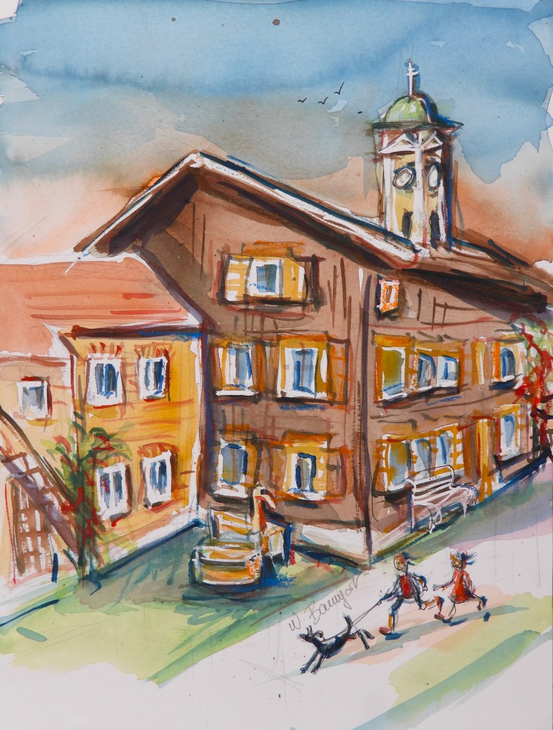 A watercolor painting of a charming wooden house with small windows and weathered shingles, part of a former farmhouse in Bad Birnbach. An adjacent brick building with a red-tiled roof is visible, along with an old hand pump and a church tower in the background. Two children and a dog are playing in front of the house.