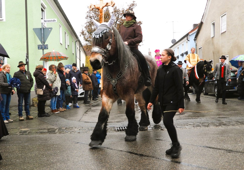 Eine Prozession mit prächtig geschmückten Pferden und Teilnehmern in traditioneller Kleidung während der Leonhardiritt-Wallfahrt in Aigen bei Bad Füssing.