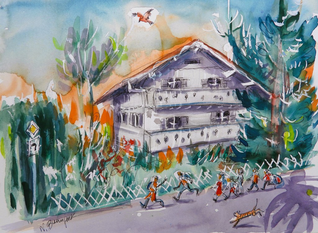 A watercolor painting of a charming wooden house in Bavarian country style, surrounded by greenery, with schoolchildren walking past and a dog. The house features light gray wood cladding, decorative balcony railings, and a wide overhanging gabled roof.