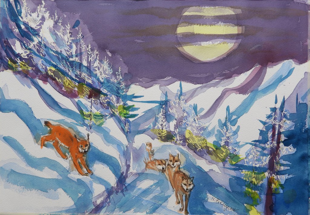 A watercolor painting depicting a snowy landscape under a purple sky with a large moon. Four foxes are depicted, two in the foreground and two in the background, with evergreen trees scattered throughout the scene.