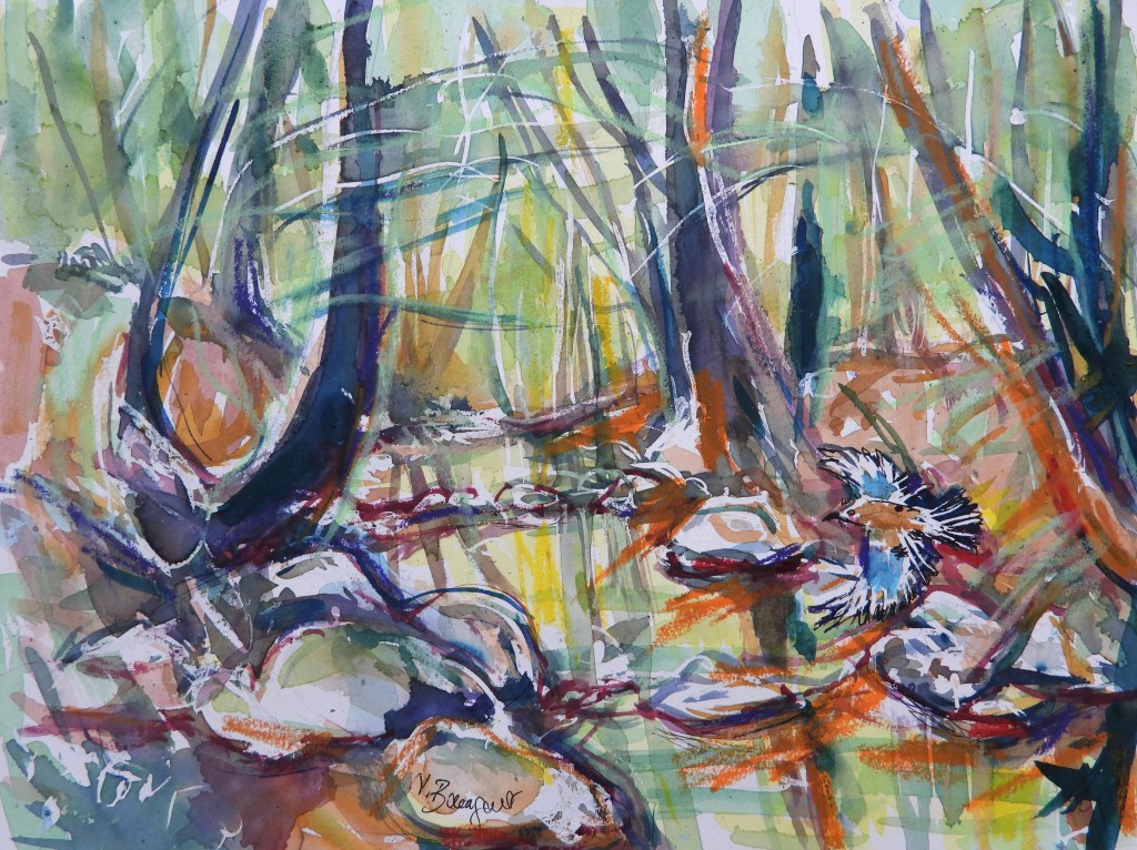 A colorful watercolor painting depicting a forest scene with trees, rocks, and a flying bird. The vibrant colors suggest a lively natural environment.