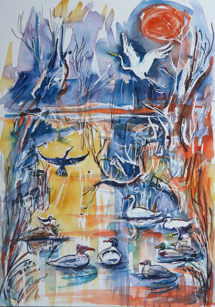 Aquarellmalerei mit verschiedenen Wasservögeln in winterlicher Landschaft, darunter ein Silberreiher, Gänsesäger, Krickente, Stockenten und ein Höckerschwan, mit einem orangefarbenen Sonnenuntergang im Hintergrund.