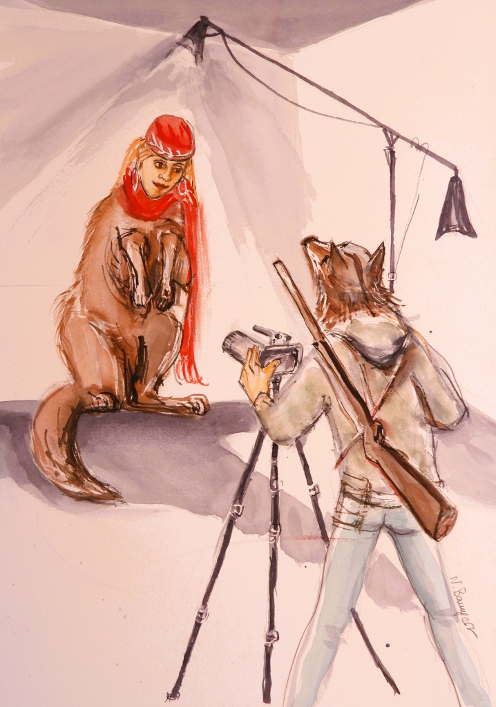 A whimsical illustration depicting a person dressed in animal-like attire sitting against a backdrop, while a photographer captures the scene. The setting includes studio lighting and a camera on a tripod.