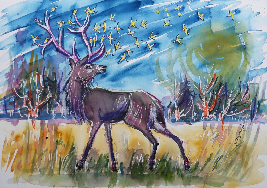 A watercolor illustration of a deer with large antlers standing in a field, surrounded by trees and a blue sky filled with flying birds.