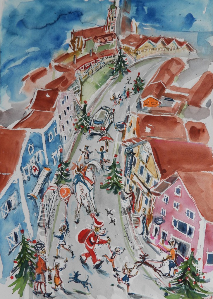 Buntes Aquarellbild einer festlichen Szene in Bad Birnbach, mit Weihnachtsbäumen, feiernden Menschen und einem Santa Claus, der durch die Stadt zieht.