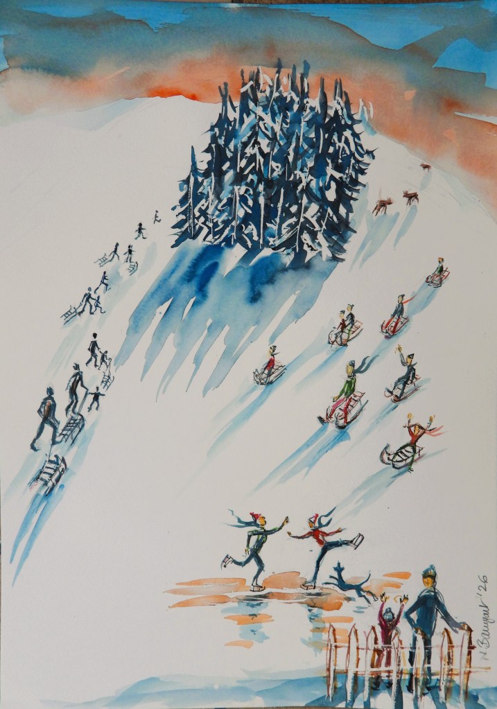 Eine winterliche Szene mit Menschen, die auf einem schneebedeckten Hang rodeln und Eis laufen, umgeben von einem Kiefernwald und einem klaren Abendhimmel.