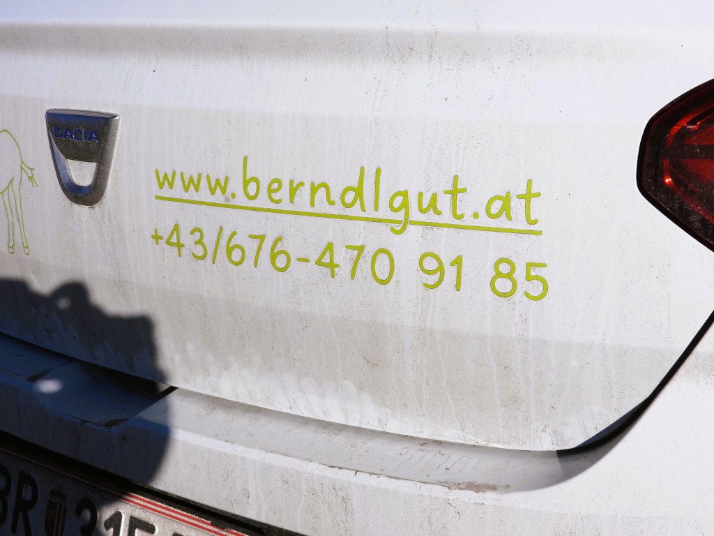 Die Rückseite eines weißen Fahrzeugs mit einem Dacia-Logo, auf dem die Website www.berndlgut.at und eine Telefonnummer in grüner Schrift zu sehen sind.