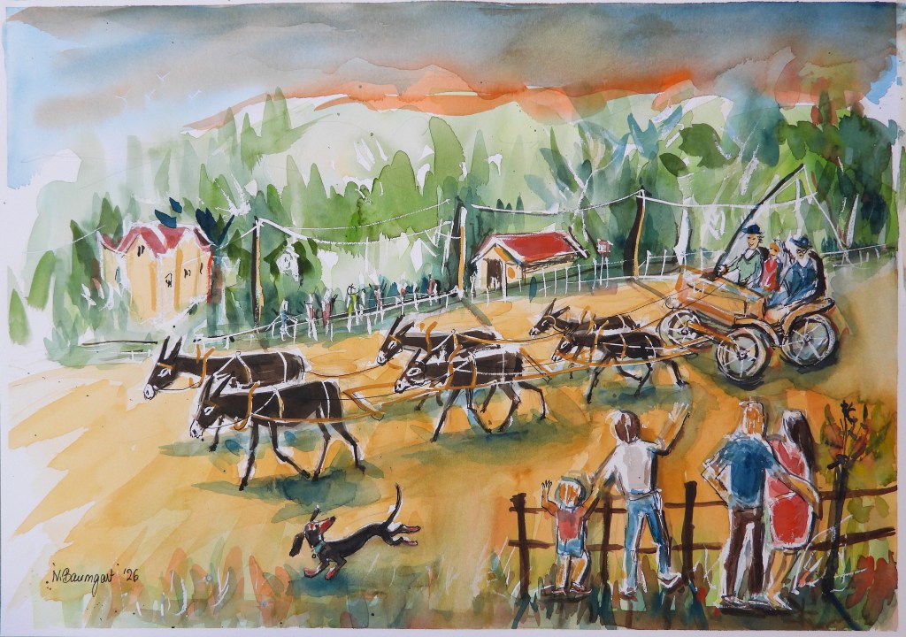 Aquarellbild einer ländlichen Szene mit einem Gespann aus zwei Eseln, die eine Kutsche ziehen, während eine Familie und ein Hund im Vordergrund zuschauen. Im Hintergrund sind grüne Hügel und Häuser sichtbar.