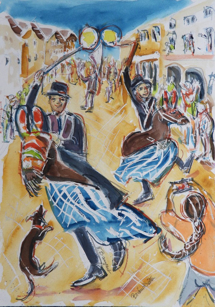 Eine farbenfrohe Wassermalerei, die eine festliche Szenerie zeigt, in der tanzende Figuren in traditioneller Kleidung mit Tuch und Stock dargestellt sind. Im Vordergrund ist ein Hund zu sehen, während im Hintergrund Menschen und historische Gebäude versammelt sind.