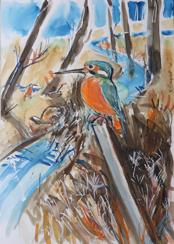 A watercolor painting of a kingfisher perched on a branch with a vibrant orange belly and green head, set against a backdrop of a river and natural vegetation.