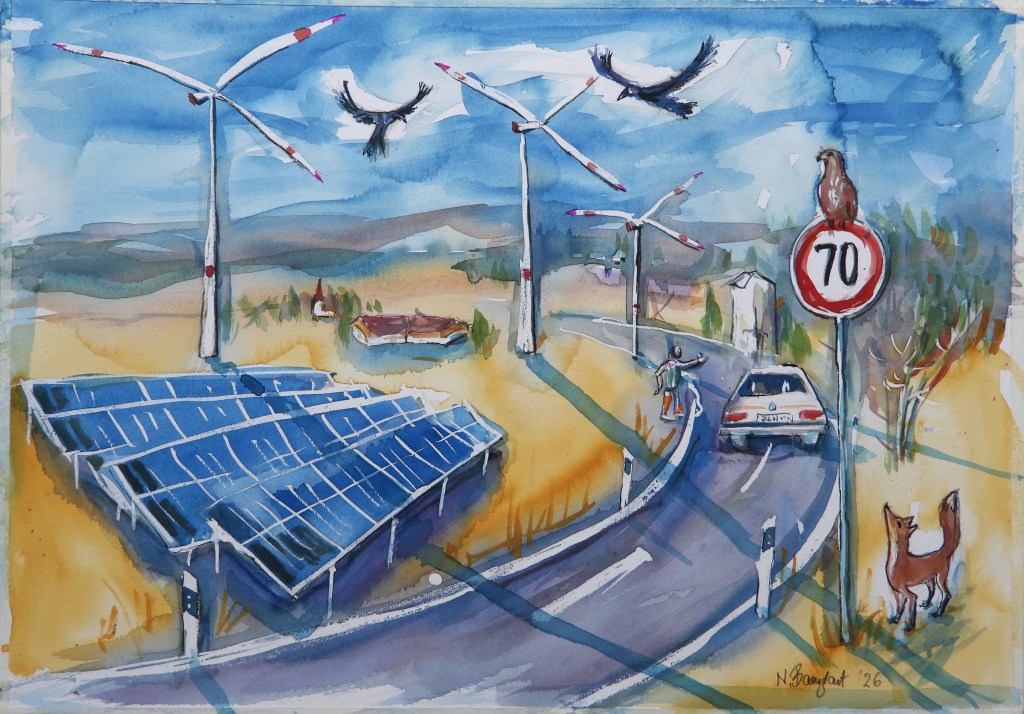 Aquarellansicht einer ländlichen Straße mit Windkraftanlagen, Solarpanelen und einem fahrenden Auto. Ein Schild zeigt die Geschwindigkeitsbegrenzung von 70 km/h. Ein Tier und ein Vogel sind im Vordergrund zu sehen.