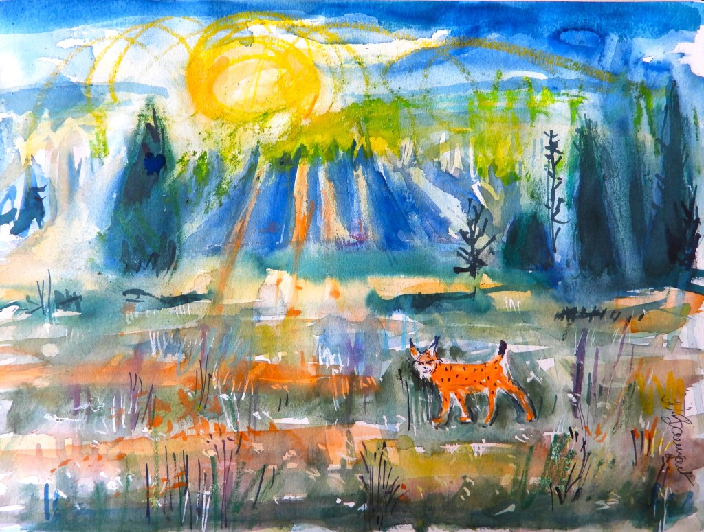 Aquarellmalerei einer Landschaft mit einem Luchs, der durch ein Feld geht, umgeben von grünen Bäumen und Sonnenschein.