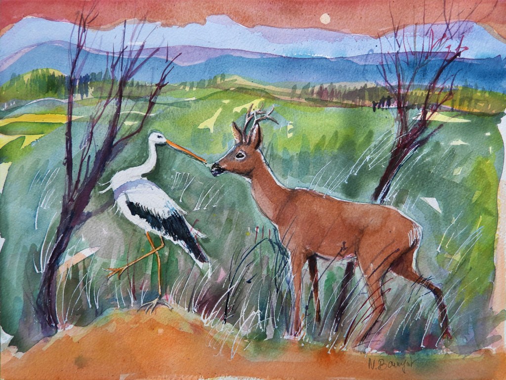 Aquarell von einem Storch und einem Rehbock in einer ländlichen Landschaft.