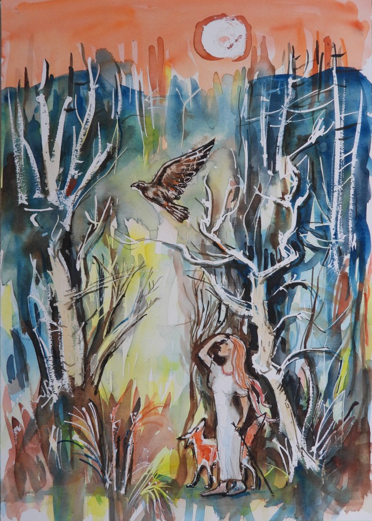 Eine Frau schaut auf einen auffliegenden Bussard. Sie wird von einem Fuchs begleitet. Aquarelle - Aquarellmalerei