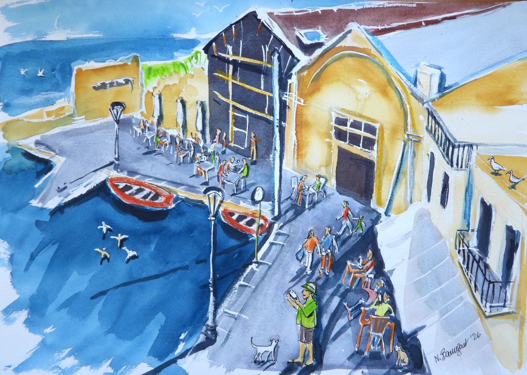 Wasserfarbenmalerei eines Hafenbereichs mit Booten, Cafés und Menschen, die sich am Wasser aufhalten.