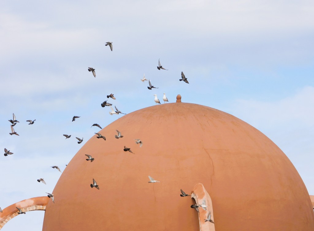 Vögel fliegen über eine orangefarbene Kuppel unter einem bewölkten Himmel.