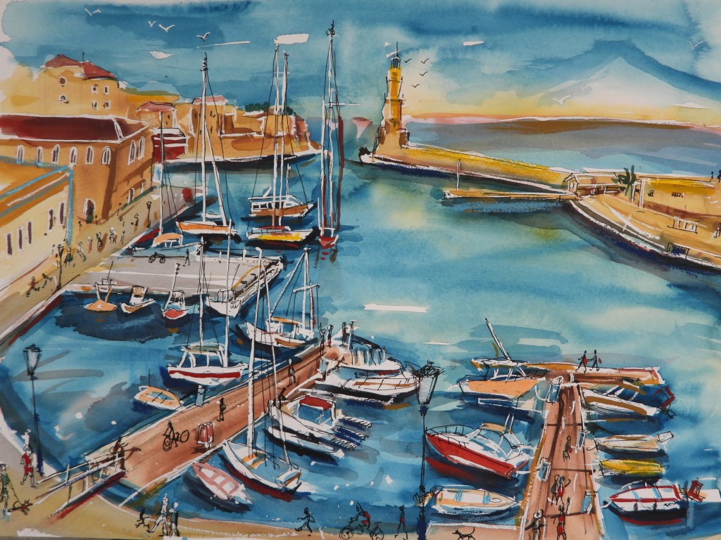 Wasserfarbentwurf eines Hafens mit Booten, Menschen, Geschäften und einem Leuchtturm im Hintergrund.