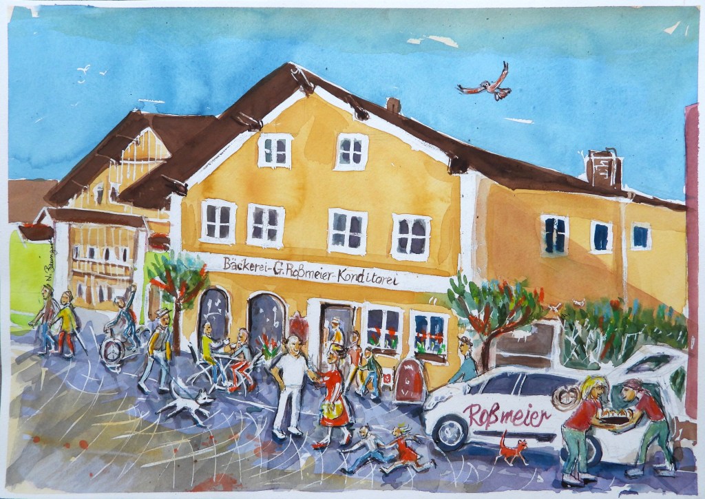 Wasserfarbe einer Bäckerei mit dem Namen 'G. Roßmeier - Konditorei', umgeben von Menschen, die interagieren, essen und einkaufen, mit einem Lieferauto im Vordergrund.